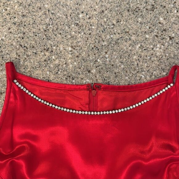 JESSICA MCCLINTOCK GUNNE SAX Vintage 90s Red Satin Rhinestone Mini Dress - Picture 11 of 15